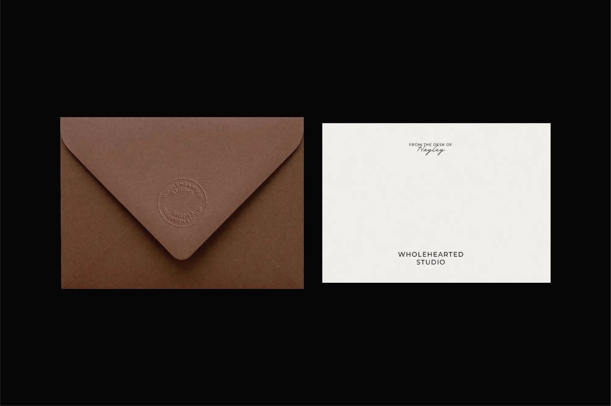 Brown embossed envelope with black letterpress note card