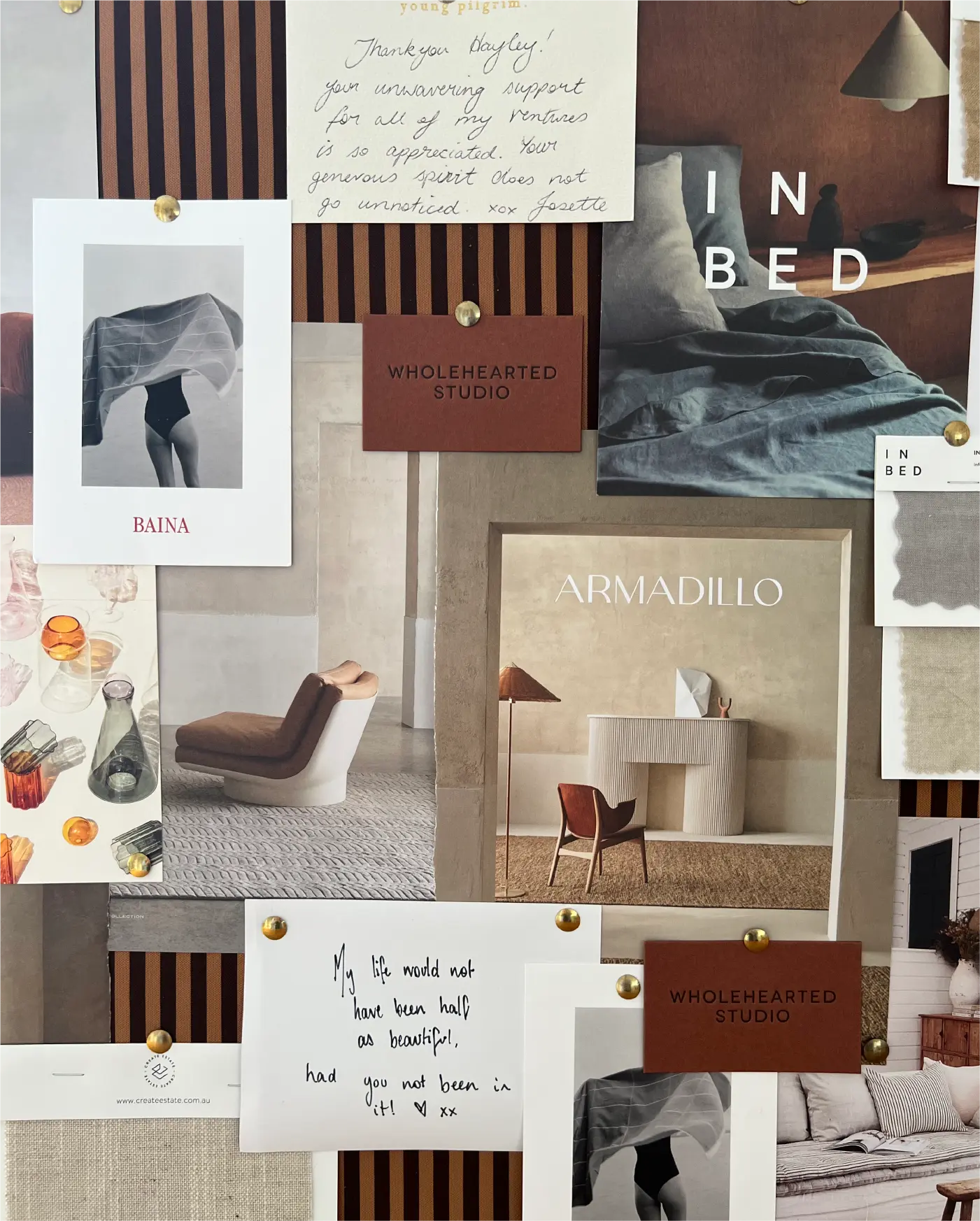 Pinboard with inspiration pinned in chocolate and neutral hues