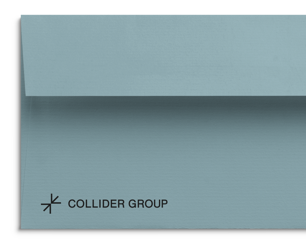 Blue envelope with black Collider Group logo
