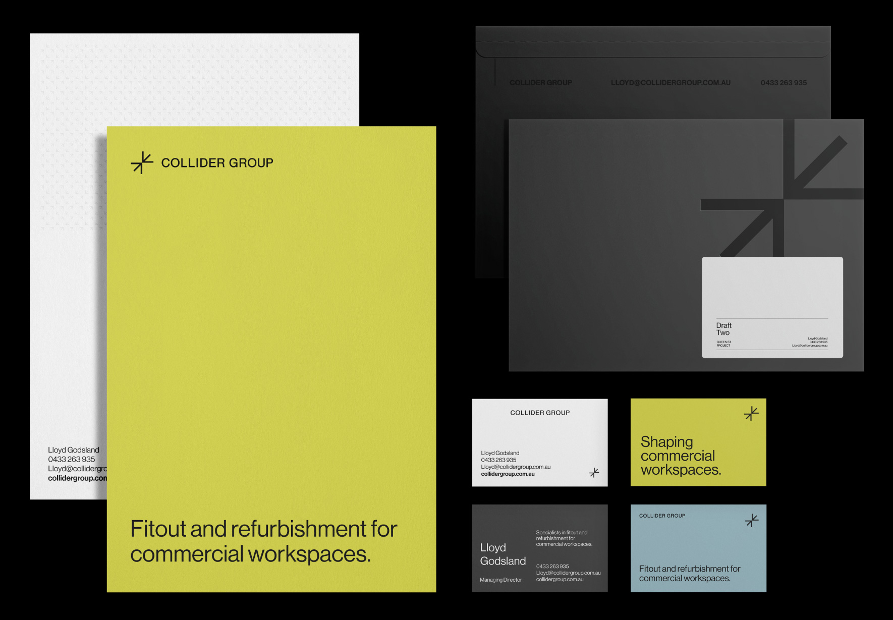 Stationery design in neon green, blue, black and charcoal for Collider Group