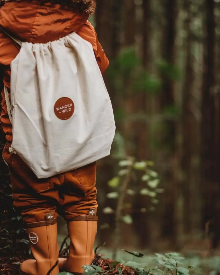 Wander and Wild logo on backpack